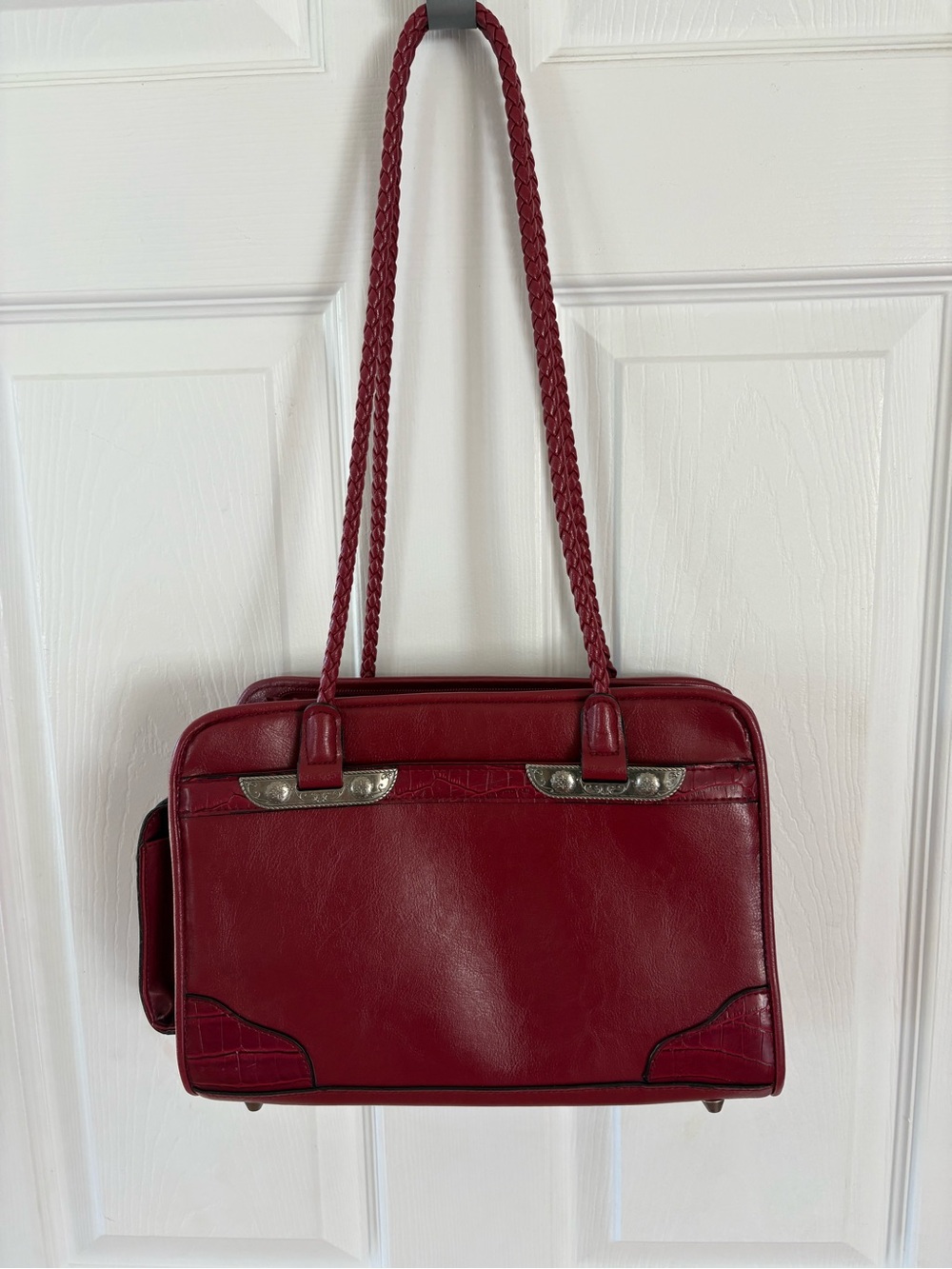 Bueno Red Organizer Shoulder Bag with Croc Embossed Accents and Braided straps